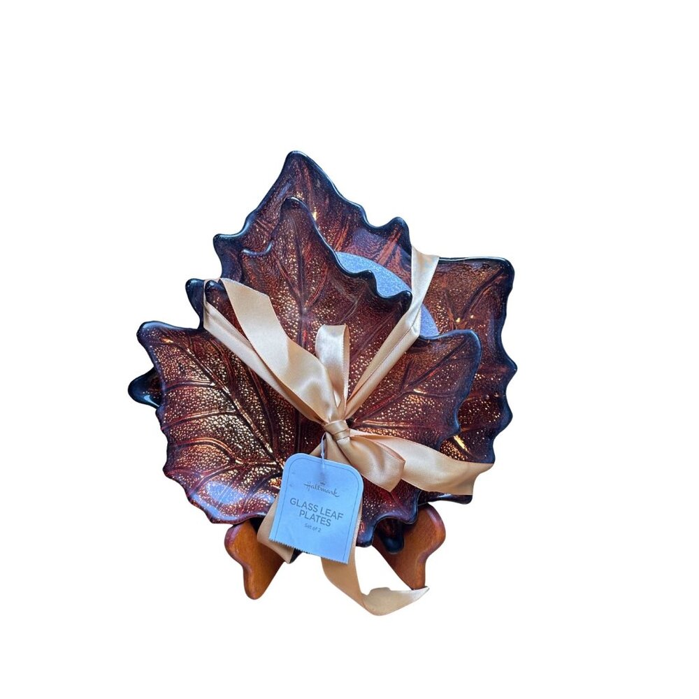 Vintage Hallmark Autumn Glass Leaf Plates, NWT Set of 2, Fall Decor, Thanksgivin